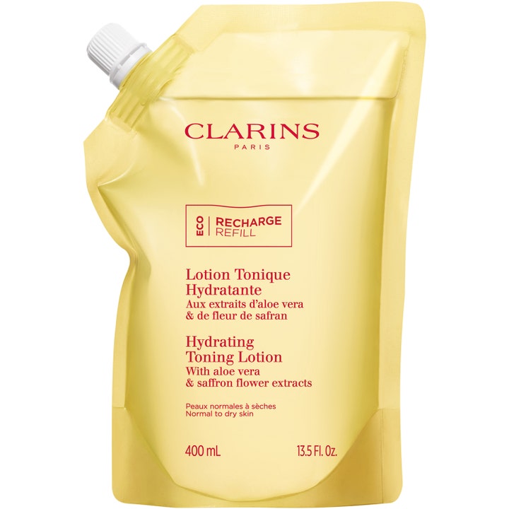 Clarins Hydrating Toning Lotion 400 ml återfuktande ansiktsvatten i gul refillpåse med vitt skruvlock