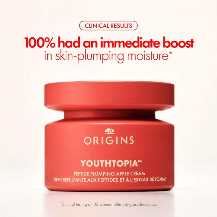Origins Youthtopia Peptide Plumping Apple Cream 50 ml i röd burk som ger en plumpande fuktboost.