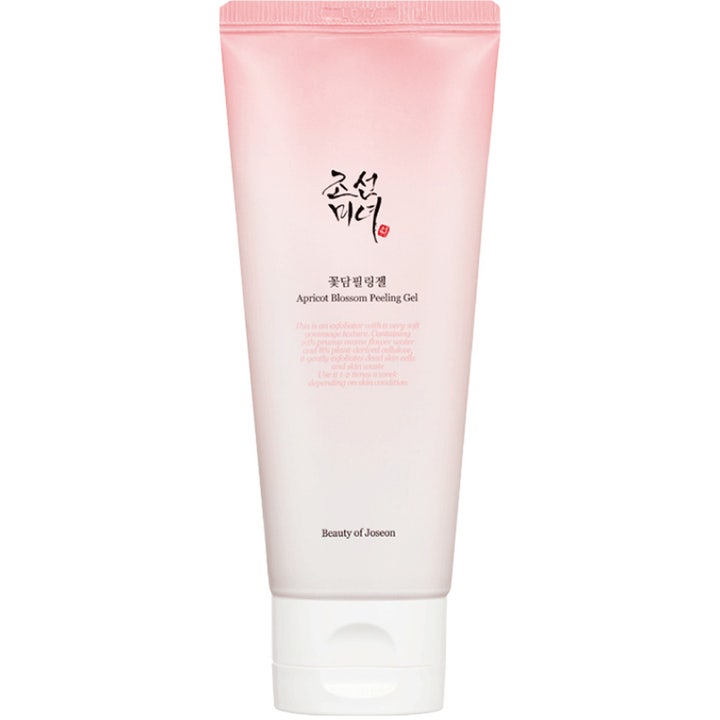 Beauty of Joseon Apricot Blossom Peeling Gel 120ml exfolierande ansiktspeeling i en ljusrosa tub med vitt lock