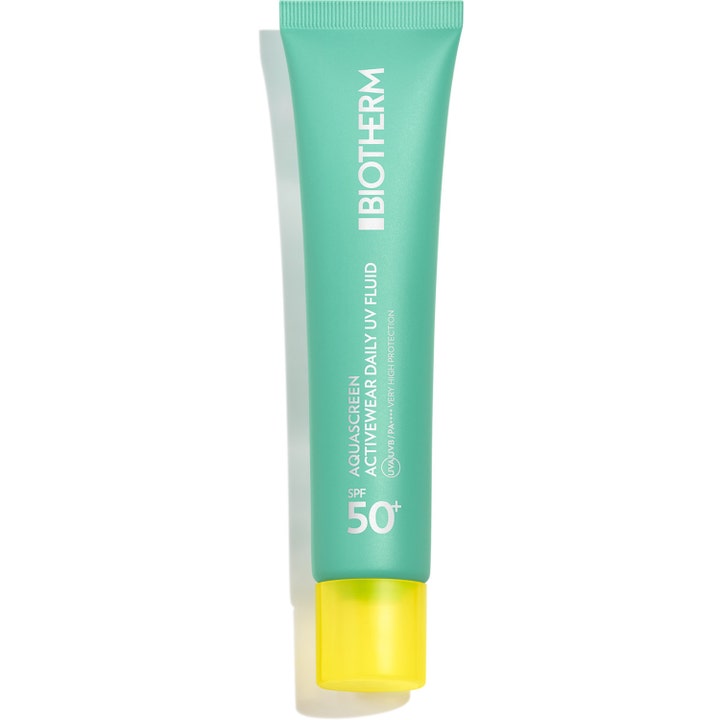 Biotherm Aquascreen Activewear Daily UV Fluid SPF 50 40 ml ger högt UV-skydd i en mintgrön tub med gult lock.