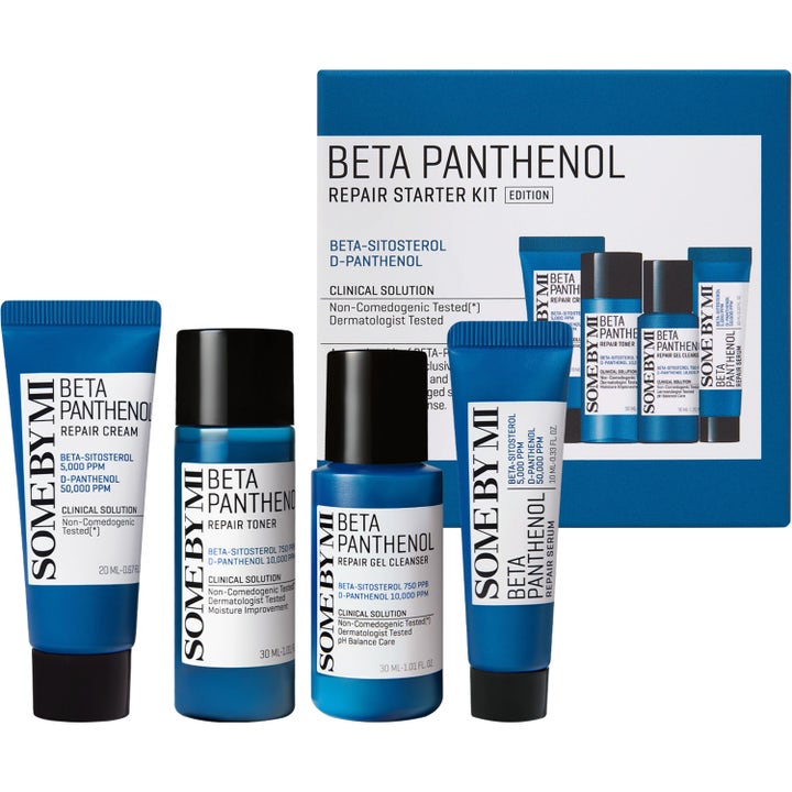 Some By Mi Beta Panthenol Repair Starter Kit lugnande hudvårdsset i blå förpackningar med vit text.