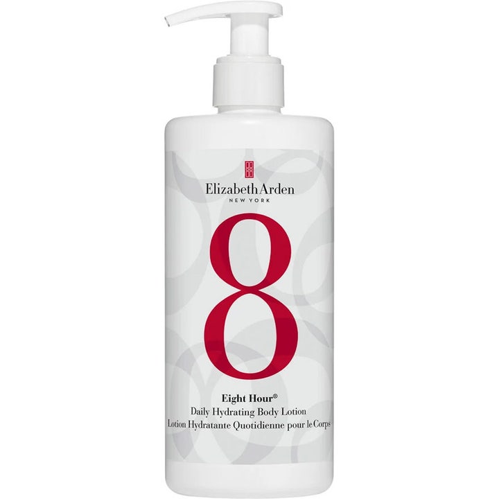 Elizabeth Arden Eight Hour body lotion återfuktande kroppslotion för torr hud i vit pumpflaska med en stor röd åtta
