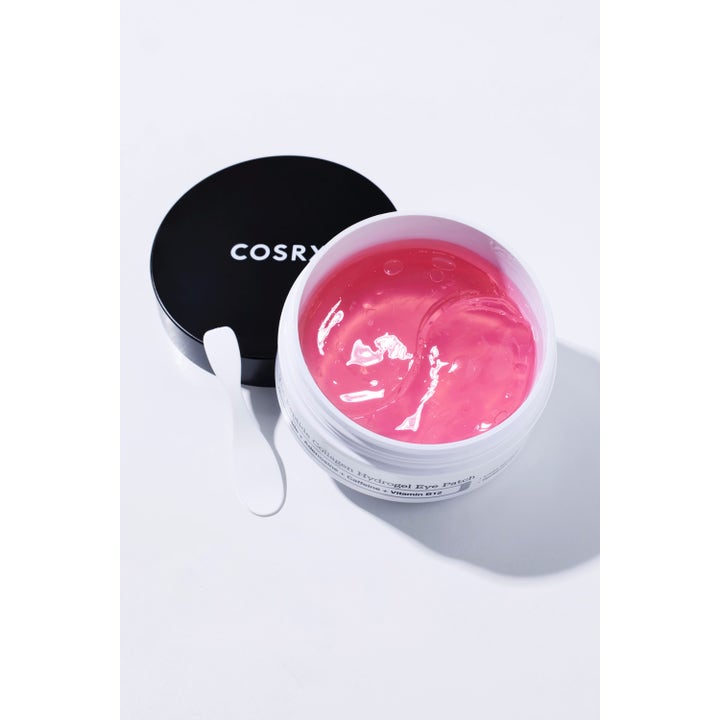 COSRX The Peptide Collagen Hydrogel Eye patch 60 st peptidmask i öppen vit burk med rosa gelpatches och spatel