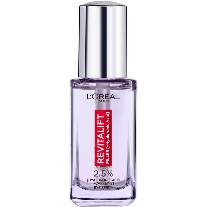L'Oréal Paris Filler Eye Serum 20 ml anti-age ögonserum koffein och hyaluronsyra i genomskinlig flaska med silverlock