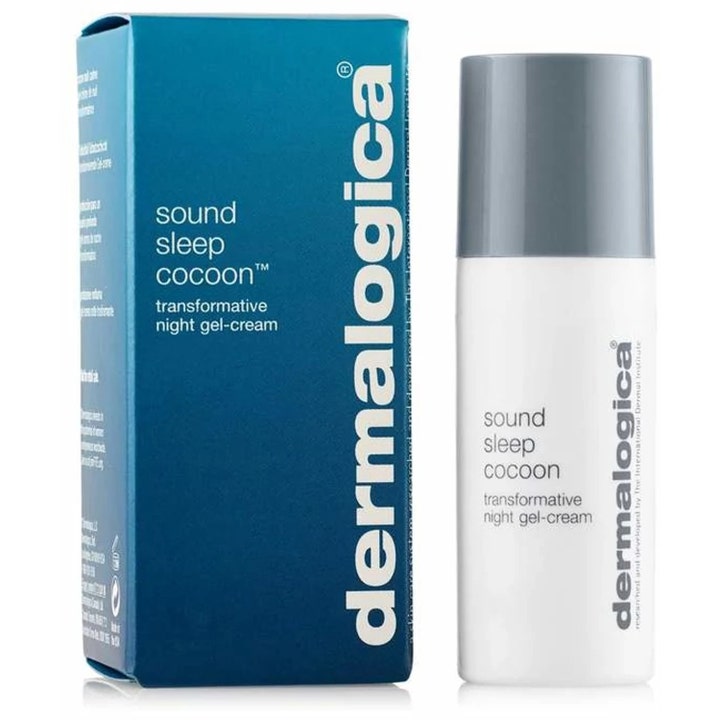 Dermalogica Sound Sleep Cocoon 10 ml återfuktande nattkräm gelkräm i vit flaska med grått lock och blå box