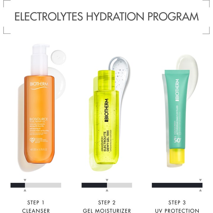 Biotherm Aquasource+ Electrolyte Dewy Gel 100H 100 ml återfuktande hudvårdskit med rengöringsolja, ansiktsgel och SPF 50.
