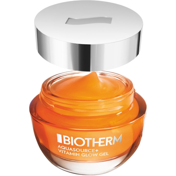 Biotherm Aquasource Vitamin Glow 50 ml lysterfylld ansiktskräm i orange glasburk med synlig orange gel och silverlock