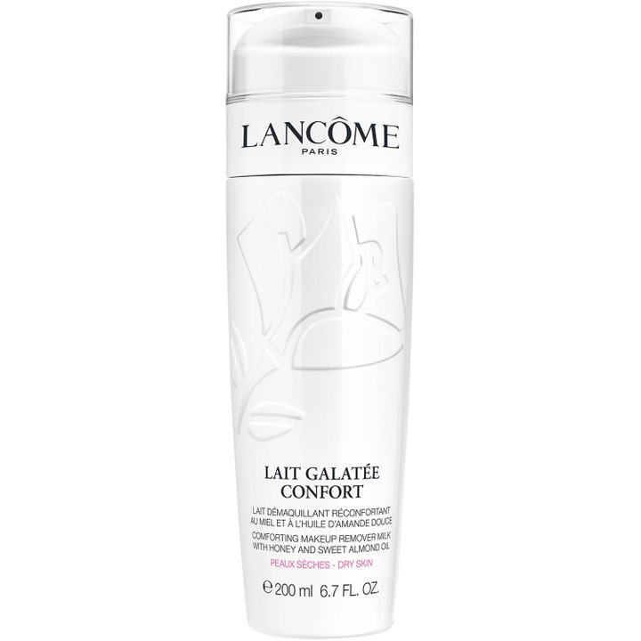 Lancôme Lait Galatée Confort 200 ml sminkborttagning Lancôme för torr hud i vit flaska med präglad ros och pump.