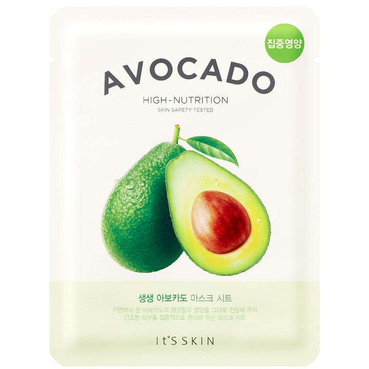 It'S SKIN Avocado High-Nutrition Mask 1 st närande avokadomask i vit sachet med illustration av en hel och delad avokado.