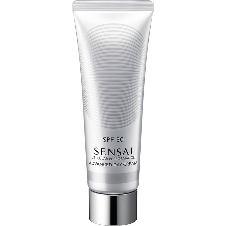 Sensai Cellular Performance Advanced Day Cream SPF 30 anti-age solskydd ansikte i en mönstrad silverfärgad tub