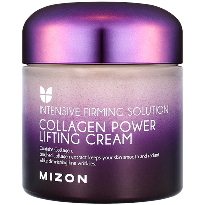 Mizon Collagen Power Lifting Cream 75ml fast-firming ansiktskräm i lila tonad glasburk med matchande lock.