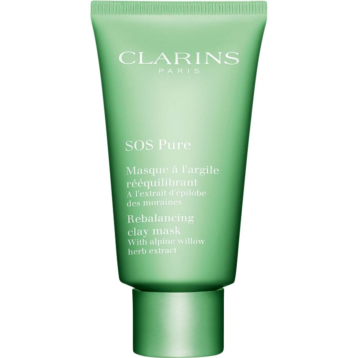Clarins SOS Pure Rebalancing Clay Mask 75 ml verkar renande ansiktsmask i en matt grön tub med vit text.