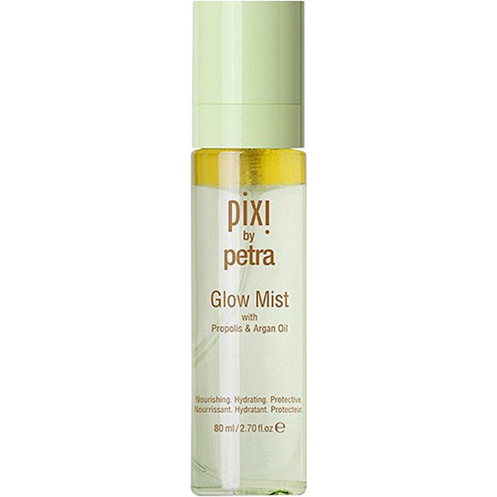 Pixi Glow Mist 80 ml återfuktande ansiktsspray i genomskinlig flaska med ljusgrönt lock som ger lyster