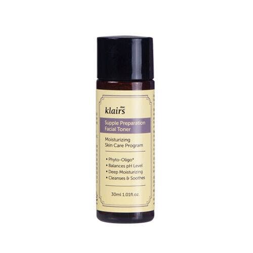Klairs Supple Preparation Facial Toner 30 ml djupfuktande ansiktsvatten i liten mörk flaska med svart lock