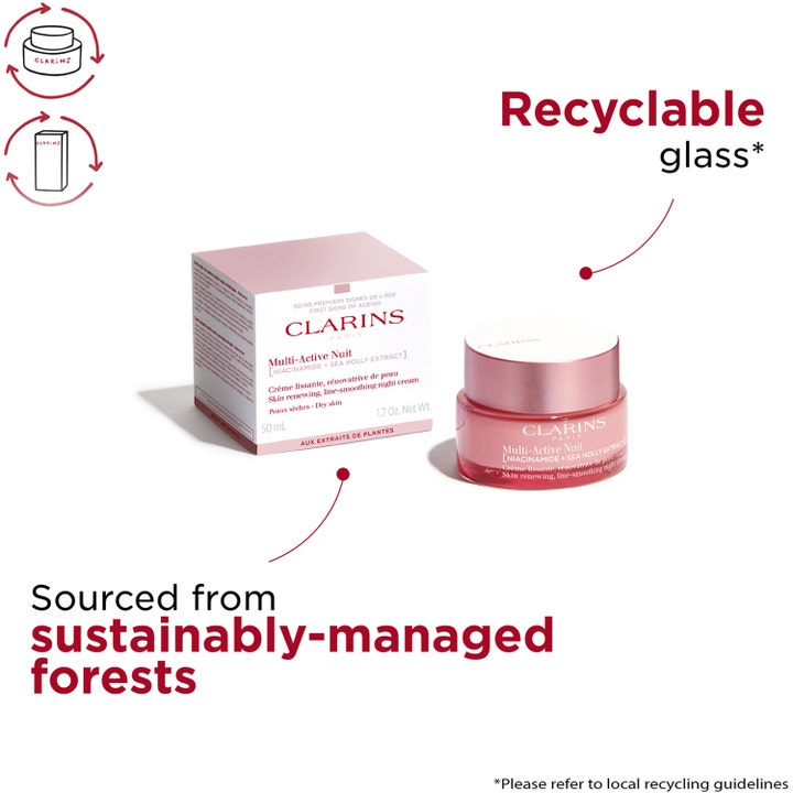 Clarins Multi-Active Nuit 50 ml utslätande nattkräm i rosa glasburk med niacinamid och hållbar ytterförpackning.