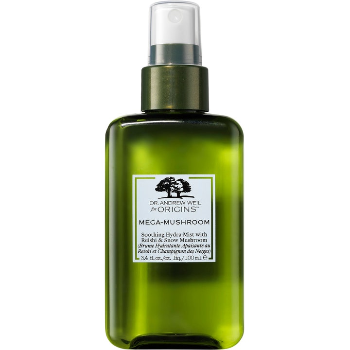 Origins Mega-Mushroom Soothing Hydra-Mist 100 ml lugnande ansiktsmist i en mörkgrön genomskinlig sprayflaska.