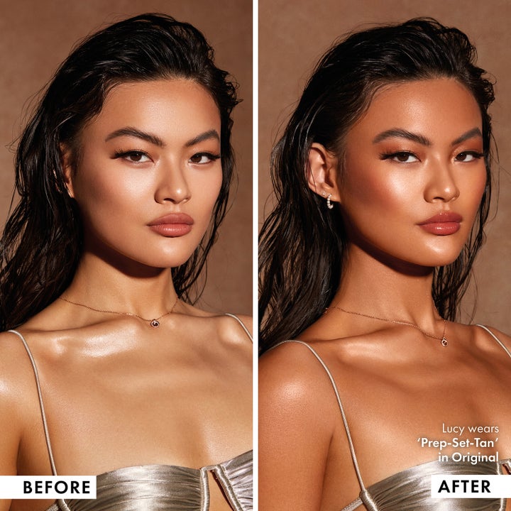 ICONIC London Prep Set Tan Tanning Mist Original 75 ml ger solkysst lyster i en före- och efterbild på hud