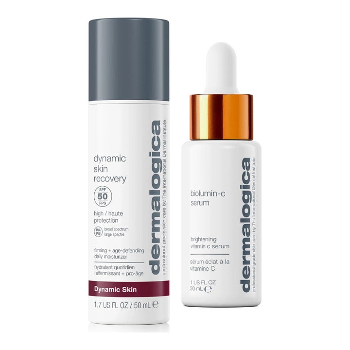 Dermalogica Dynamic Skin Recovery 50ml och BioLumin-C 30ml återfuktande vitamin C kit i vita flaskor med grått lock.