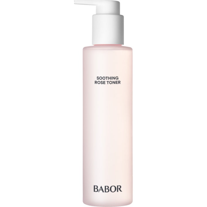 Babor Soothing Rose Toner 200ml lugnande alkoholfri toner i en frostad rosa flaska med vit pump.