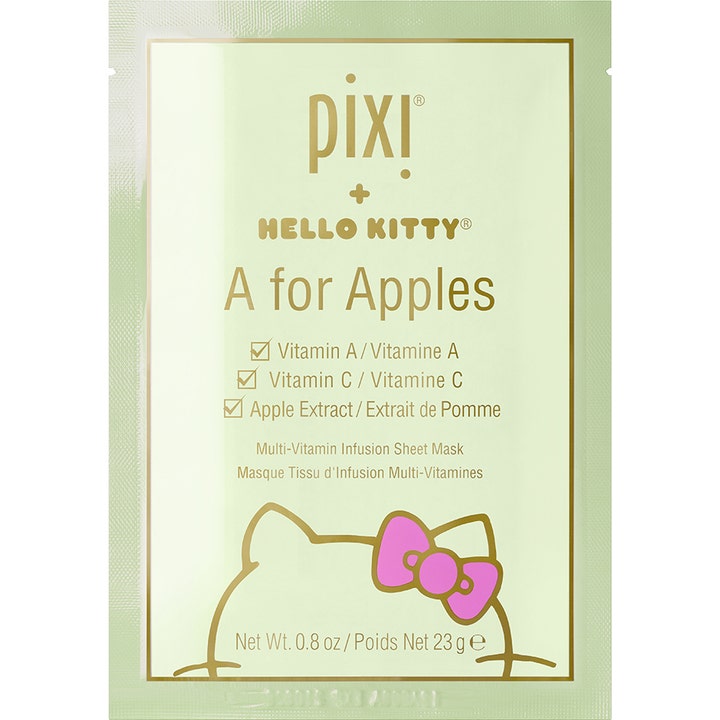 Pixi Hello Kitty A for Apples 23 g återfuktande ansiktsmask med äppleextrakt i ljusgrön förpackning med guldram