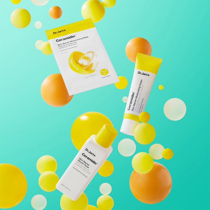 Dr.Jart+ Ceramidin Skin Barrier Moisturizing Cream 50 ml ceramid återfuktande ansiktskräm i tub bland gula sfärer
