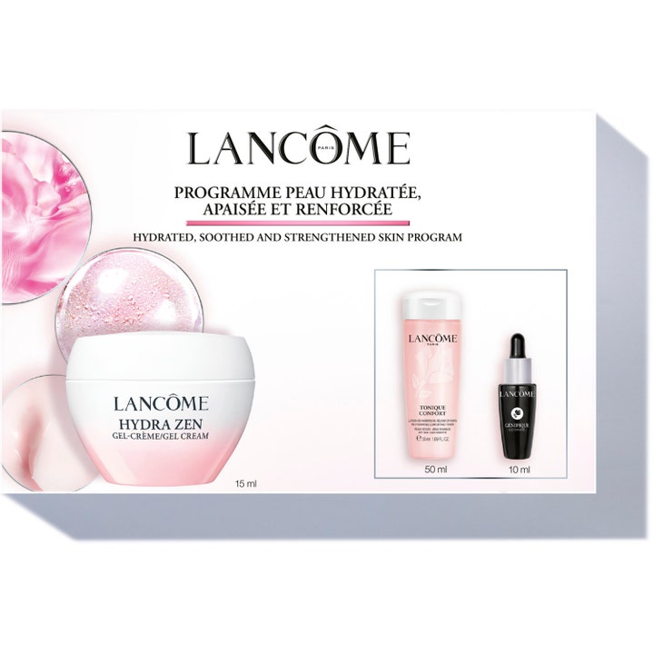 Lancôme Hydra Zen presentset hudvård med lancôme hydra zen gel-crème och lugnande hudvård i vit ask med rosa detaljer.