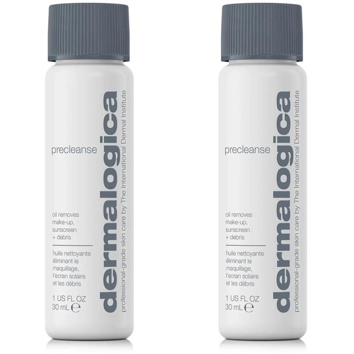 Dermalogica Precleanse 30 ml rengöringsolja som löser upp smink i två vita flaskor med gråa lock.