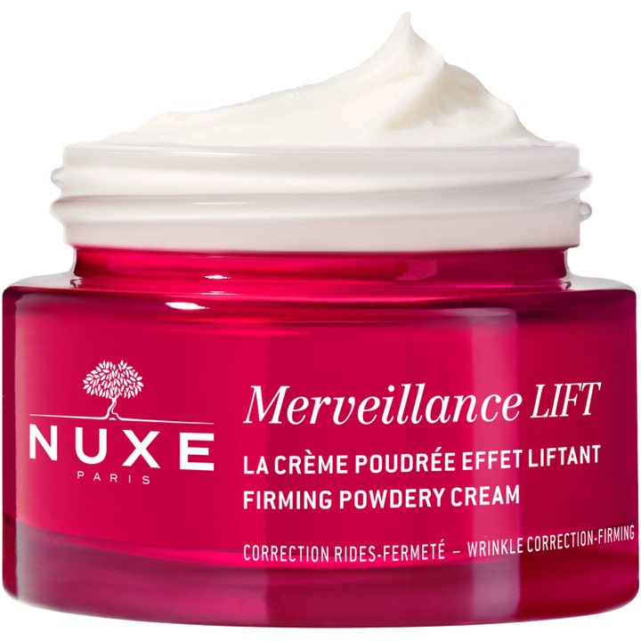 Nuxe Merveillance LIFT 50 ml anti-age lyftkräm i en röd glasburk med fyllig vit textur som ger fastare hud.
