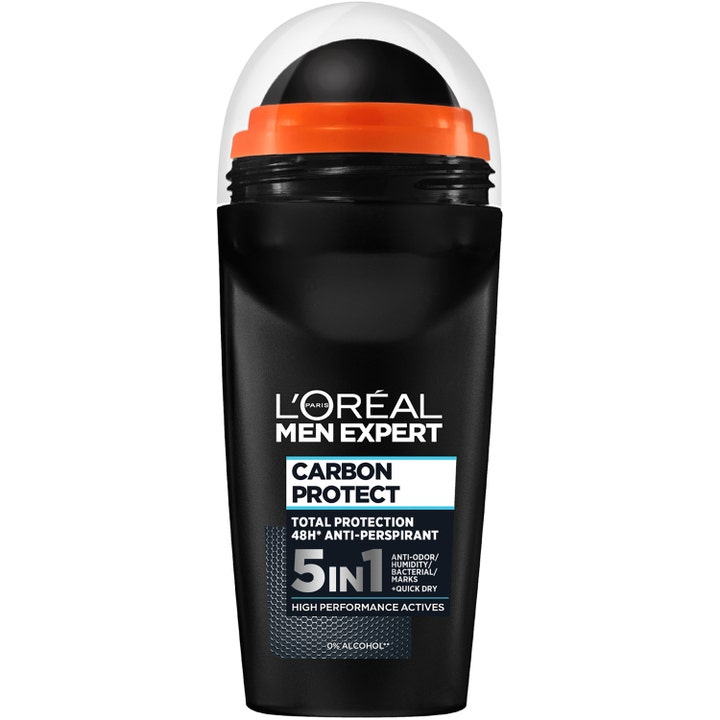 L'Oréal Men Expert Carbon Protect 50ml alkoholfri deodorant 48h skydd i en svart flaska med orange detalj.