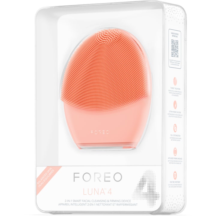 FOREO LUNA 4 Balanced Skin 1 st sonisk rengöring och facial massage i orange silikon i vit butiksförpackning
