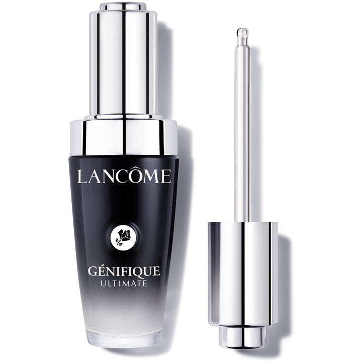 Lancôme Génifique Ultimate lyxigt återfuktande serum i tonad svart glasflaska med silverpipett som ger ungdomlig lyster