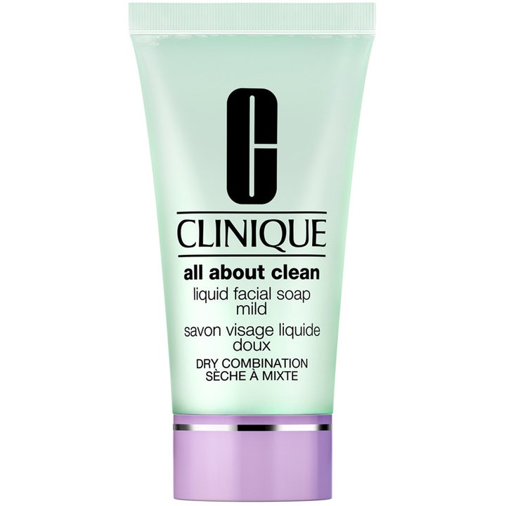 Clinique All About Clean Liquid Facial Soap Mild ansiktsrengöring som ger skonsam tvätt i en mintgrön tub med lila lock.