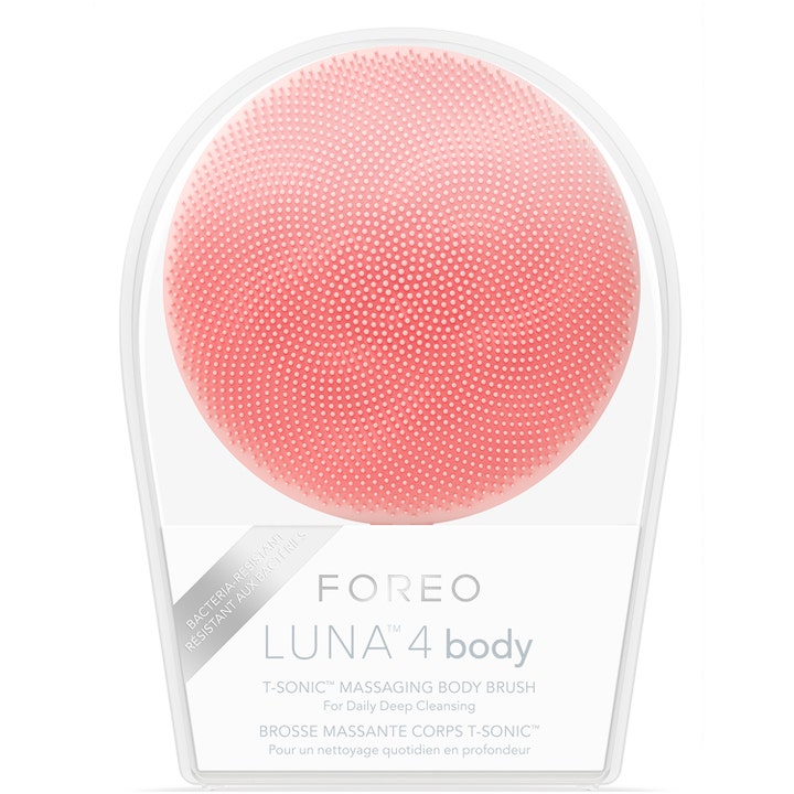 FOREO LUNA 4 body Peach Perfect 1 st kroppsborste ger exfoliering med persikofärgad silikonborste i plastbox.