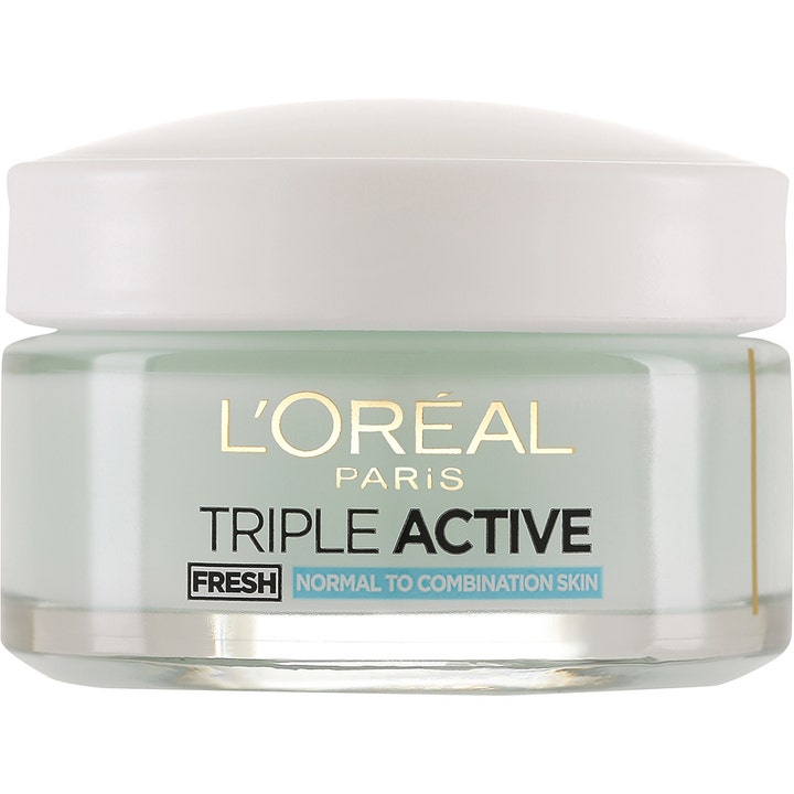 L'Oréal Paris Triple Active Fresh 50ml loreal dagkräm fresh ger hydrering i en glasburk med ljusgrön gel och vitt lock.