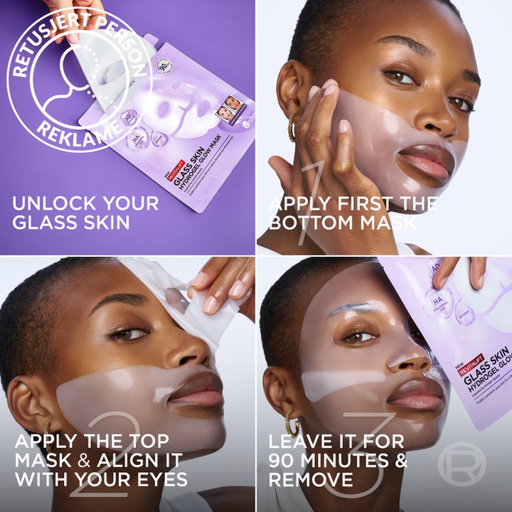 L'Oréal Paris Revitalift Filler Glass Skin Mask 1st ansiktsmask som appliceras i steg för lyster.