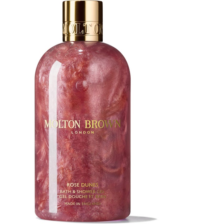 Molton Brown Rose Dunes 300ml rosduschtvål made in england ger en lyxig känsla med skimrande rosa gel och guldkork