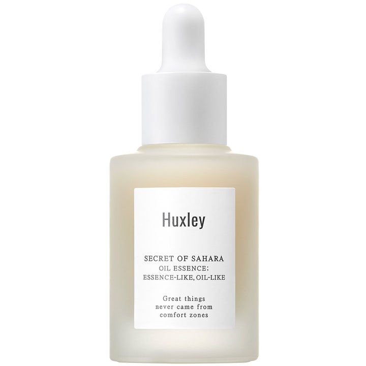 Huxley Secret of Sahara Oil Essence 30 ml fuktgivande ansiktsolja dropper i frostat glas som ger huden lyster.