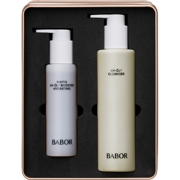 Babor HY-ÖL Cleanser och Phyto Booster Hydrating återfuktande rengöringsset i vita pumpflaskor i en roséguldfärgad ask