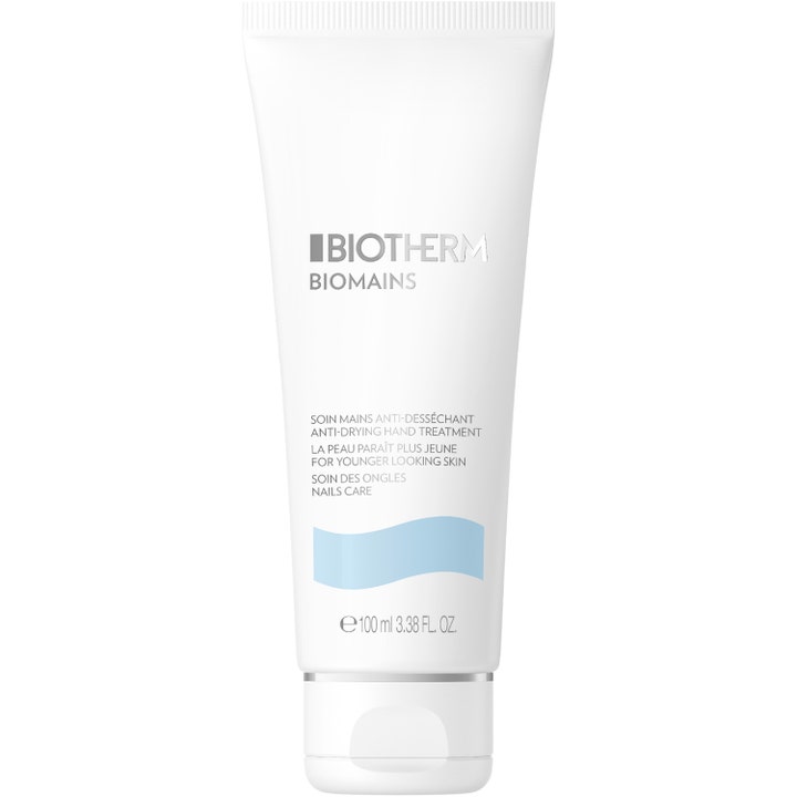 Biotherm Biomains 100 ml biotherm anti-aging handkräm i vit tub med blå våg och eleganta silverdetaljer