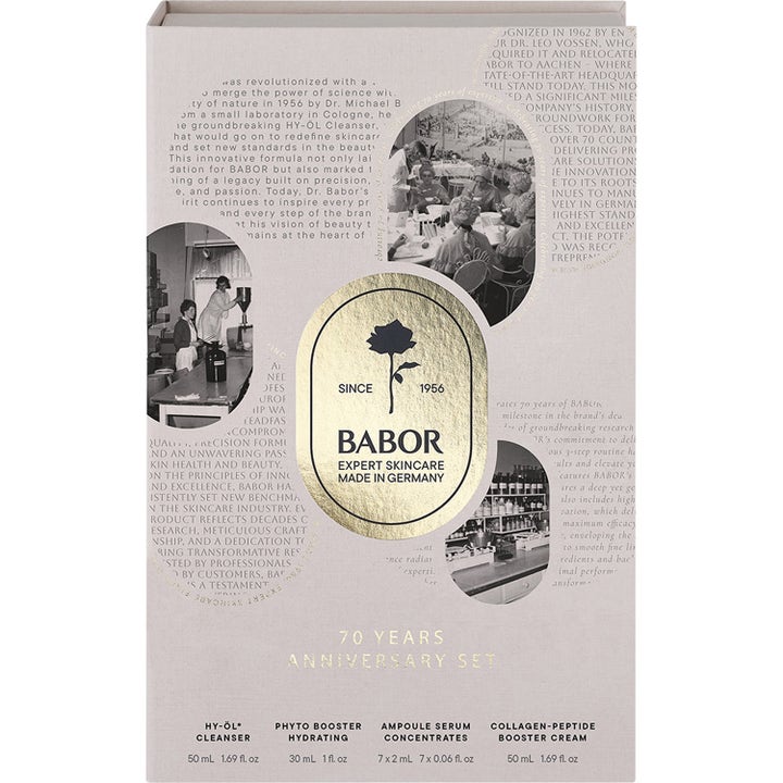 Babor 70 Anniversary Set 144 ml hudvårdskit i beige box med guldlogotyp och historiska bilder