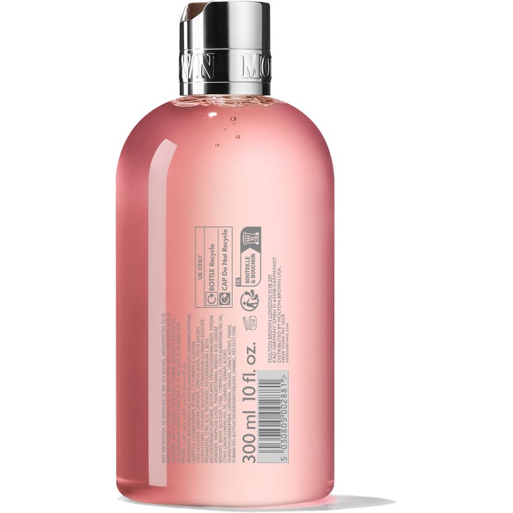 Molton Brown Delicious Rhubarb & Rose 300 ml blommig duschtvål i genomskinlig flaska med silverkork