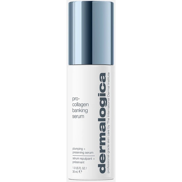Dermalogica Pro-collagen Banking Serum 30 ml utfyllande ansiktsserum i vit flaska med blått metalliskt lock