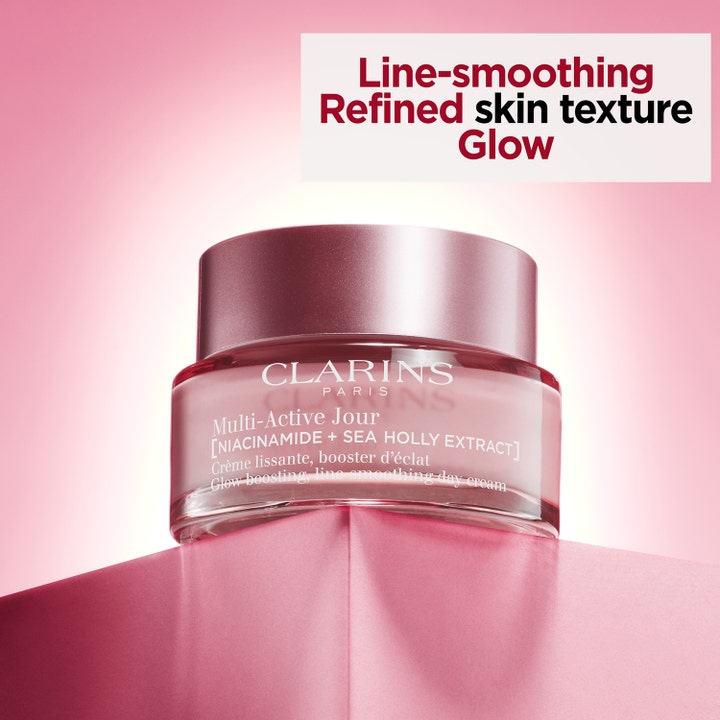 Clarins Multi-Active Jour 50 ml lystergivande dagkräm med niacinamide i rosa glasburk ger glow och slätare hy.