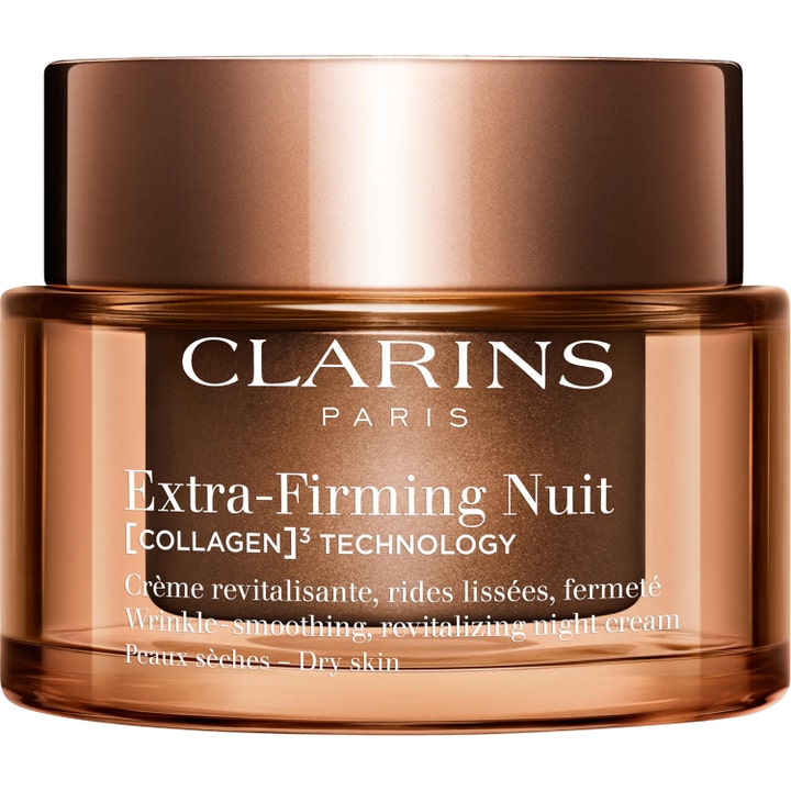 Clarins Extra-Firming Nuit rynkslätande nattkräm för torr hy i en elegant bronsfärgad glasburk med matchande lock