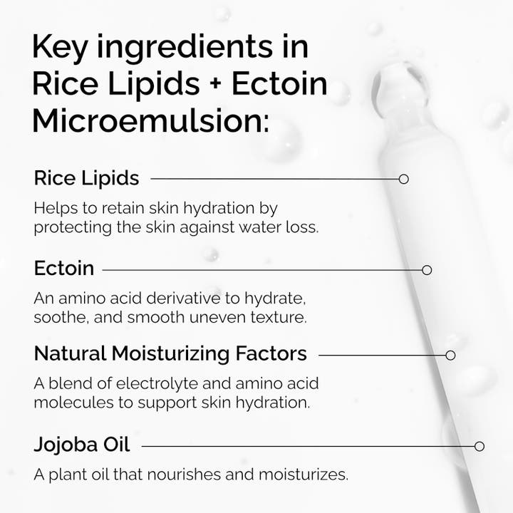 The Ordinary Rice Lipids + Ectoin Microemulsion 120 ml ansiktskräm visar lista på ingredienser som ektoin och jojobaolja.
