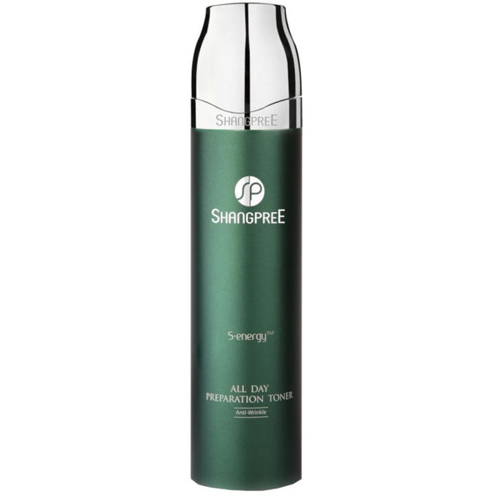 Shangpree S-energy All Day Preparation Toner energigivande återfuktande toner i en mörkgrön flaska med silverlock