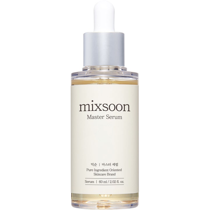 Mixsoon Master Serum 60 ml återfuktande ansiktsserum i en genomskinlig flaska med pipett och silvrigt lock.