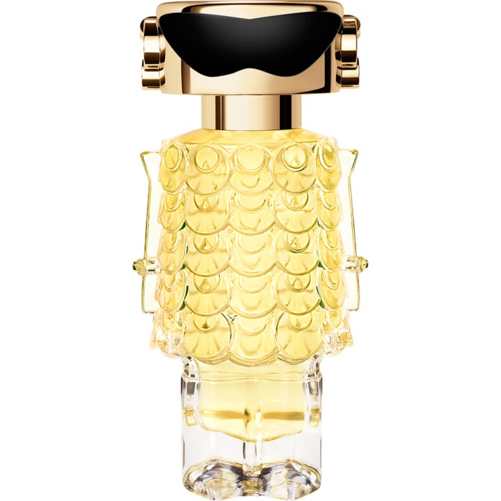 Rabanne Fame Le Parfum 30 ml designer mysk parfym i en robotformad glasflaska med gulddetaljer och svart visir