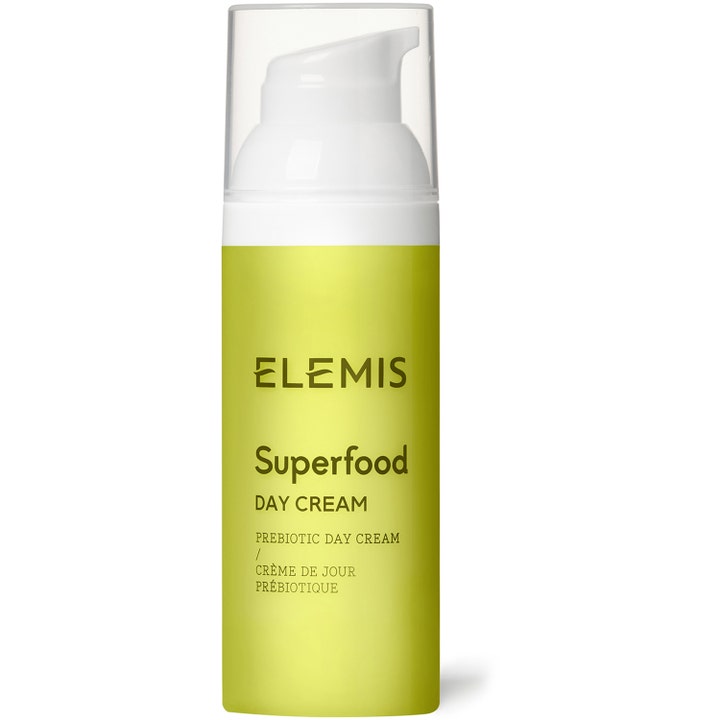 Elemis Superfood återfuktande dagkräm 50ml ger balanserad hudflora i en limegrön pumpflaska med vitt lock