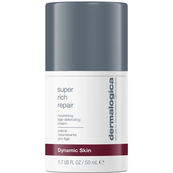 Dermalogica Super Rich Repair 50 ml anti-aging ansiktskräm i vit cylinderformad flaska med grått lock och vinröd detalj